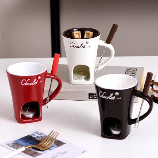 Ceramic Fondue Mug Set - Candle Heated for Chocolate & Cheese