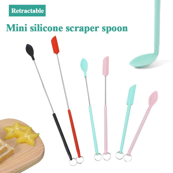 Retractable Mini Silicone Scraper Spoon Long Handle DIY Makeup Kitchen Mini Spoon Butter Cream Jars Tiny Silicone Spatula Tool