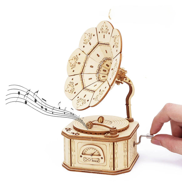 3D Wooden Gramophone Music Box Puzzle – DIY Mechanical Model Kit for Teens & Adults